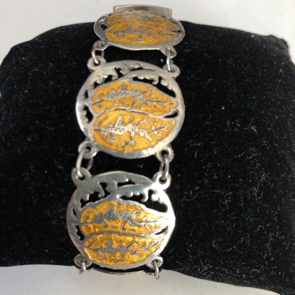Vintage Siam Sterling Silver & Enamel Links Bracelet, Signed  6.5” 18 Grams - Picture 1 of 11